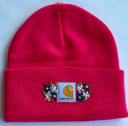 Pink embroidered winter youth hat